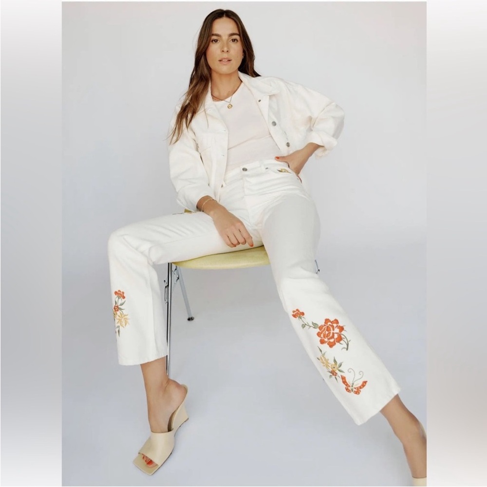 Reformation White Jeans with Floral Embroidery